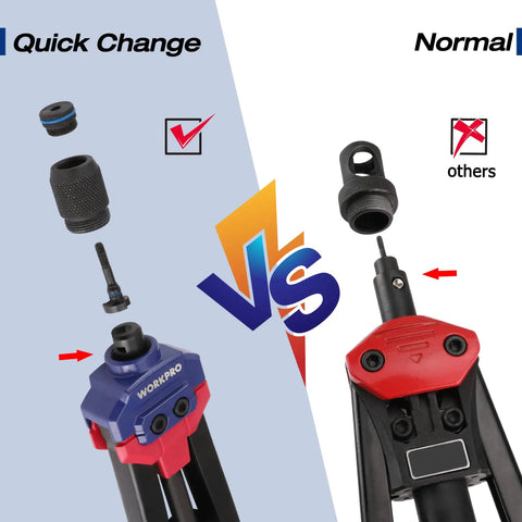 Comparison of quick change mandrel in Rivet Nut Tool Kit With Carrying Case, 16 Inch Quick Change Mandrel Rivet Nut Setter