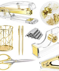 Gold Desk Accessories Set With Acrylic Stapler, Staple Remover, Tape And Pen Holder, 2 Ballpoint Pens, Scissors, Binder Clips, Paper Clips And 1000 Staples For Quick, Neat Office Organization And Busy Workdays in an organized layout.