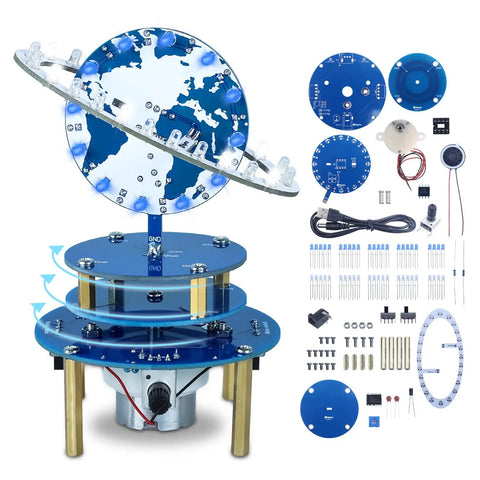 Hands On Soldering Practice Project Kit For DIY Globe And Planetary Motion Rotating Universe Model Electronic Kit With Music And Brightness Adjust For STEM Classroom Teaching Gift, components and assembled model