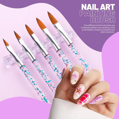 All-In-One Nail Art Tools Kit With 23 Pcs Brushes 5 paintbrushes with pink handles on clear stand displaying colorful nail art