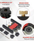 Double Wheel Bearing Stock Roller For Featherboards On Table Saws Router Tables And Band Saws Jig Guide Pro Grade Aluminum Alloy With Anodized Finish And Durable Polyurethane Wheels Spring Loaded For Smooth Feeding Built To Last, showing components and close-up details.