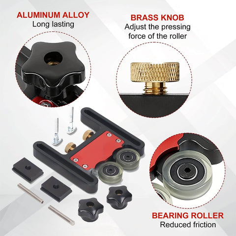 Double Wheel Bearing Stock Roller For Featherboards On Table Saws Router Tables And Band Saws Jig Guide Pro Grade Aluminum Alloy With Anodized Finish And Durable Polyurethane Wheels Spring Loaded For Smooth Feeding Built To Last, showing components and close-up details.
