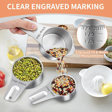 Stainless Steel Measuring Cups And Spoons Set With Nesting Square Design For Kitchen Includes 7 Cups And 7 Spoons Plus 5 Mini Spoons And 1 Leveler Durable 18 Zero Stainless Steel Gadgets For Cooking And Baking with engraved markings.