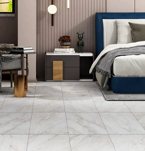 Bedroom with Peel And Stick Marble Look Vinyl Floor Tiles 12x12 Inch 32-Pack Waterproof Removable Floor Tiles For Bathroom Kitchen