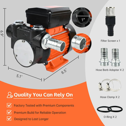 Powerful 110 Volt Fuel Transfer Pump with Half HP Motor delivers eighteen GPM for diesel, kerosene; includes NPT fittings and strainer.