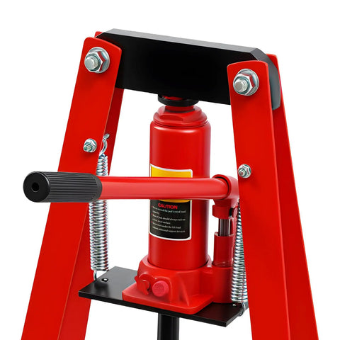 Close-up of Rock Solid 6 Ton Hydraulic Shop Press With Plates Garage Workhorse, showcasing the red hydraulic unit and handle.