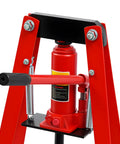 Close-up view of 6 Ton Hydraulic A Frame Shop Press Heavy Duty Adjustable Garage Heavy Lifter Built Like A Tank In Classic Red.