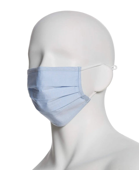 Side view of mannequin wearing light blue Six Pack Reusable Pleated Cloth Face Masks With Assorted Prints And Colors, One Size, Cotton.