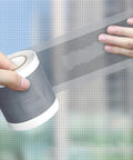 Applying cuttable window screen repair tape for holes and tears, weather resistant mesh patch, quick fix for screens.