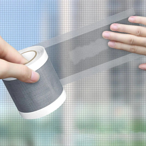 Applying cuttable window screen repair tape for holes and tears, weather resistant mesh patch, quick fix for screens.
