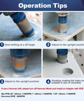 Diamond core drill bit, 1-3/8 inch, 5/8-11 thread, for porcelain/ceramic/stone; shown in operation tips infographic.