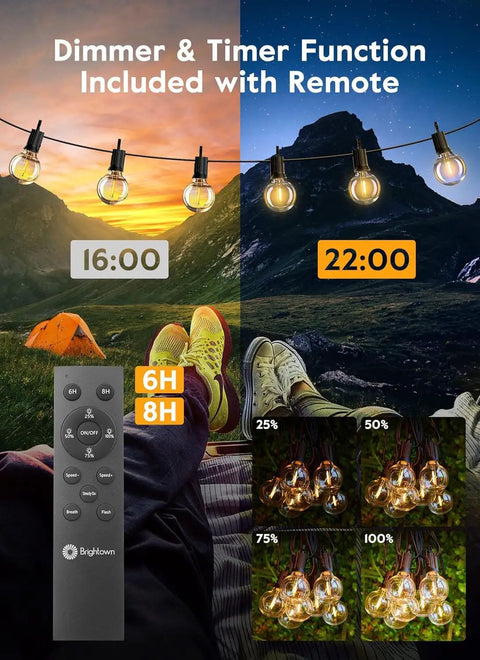 38Ft Outdoor String Lights With Remote, 15 Shatterproof LED Bulbs, timer and dimmer settings shown with remote control