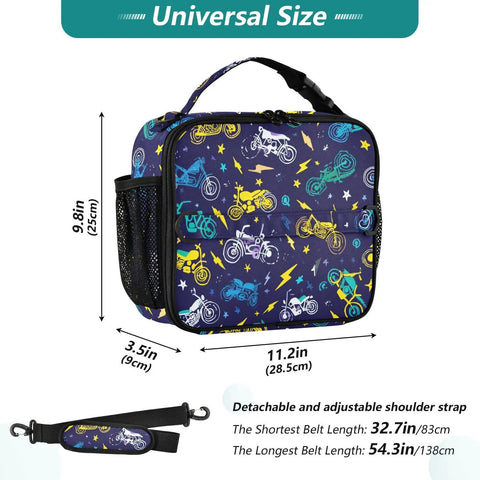 Insulated Lunch Bag With Shoulder Straps For Office Travel School Keeps Food Fresh With A Dope Lightning Bolt Design, Spacious Main Compartment, Side Pockets, Durable Polyester Tote For Kids Men Women. Universal size 11.2x9.8x3.5in polyester lunch bag with bike print and detachable strap