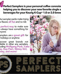 Woman enjoying coffee with text promoting Perfect Samplers for Keurig K-Cup, featuring various brands like Wolfgang Puck and Cake Boss.