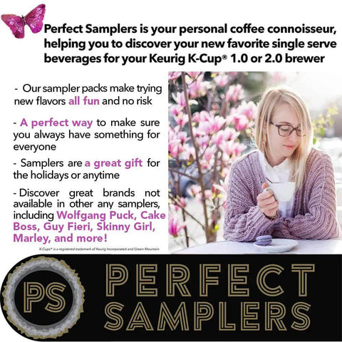 Woman enjoying coffee with text promoting Perfect Samplers for Keurig K-Cup, featuring various brands like Wolfgang Puck and Cake Boss.