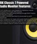 Text listing features of Classic 7 Inch Powered Two Way Studio Monitor With Built In Amps Pro Grade Bi Amped Design 73 Watt Output