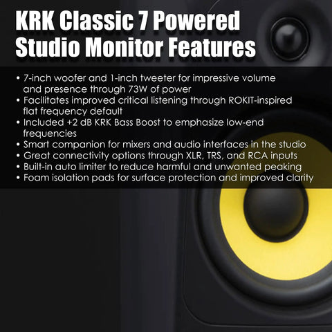 Text listing features of Classic 7 Inch Powered Two Way Studio Monitor With Built In Amps Pro Grade Bi Amped Design 73 Watt Output