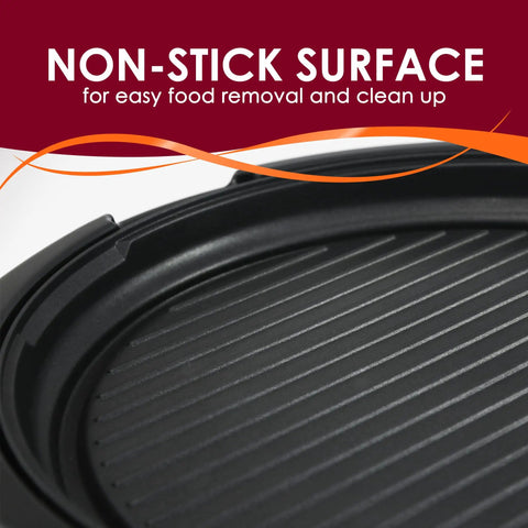 Close-up of nonstick surface on EMG 980BX Indoor Electric Round Nonstick Grill With Cool Touch Handle Fast Heat Up 14 Inch