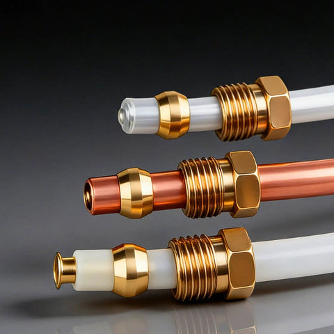 Pro Grade Three Piece Brass Oil Pipe Fitting Set For Machine Tools With Double Tapered Ferrule Bushings Kit in use with tubing