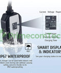 30 Foot Level 2 EV Charger 220 240V With 32A And 40A Output 6-50P 10-50P 14-50P Plugs Compatible With Bolt Tesla Kona And More UL CE TÜV Certified Safe And Easy Plug And Play Home Charging Setup showing smart display and indicators
