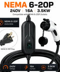 Portable 3.5kW Level 2 EV Charger, 16A Straight-Up Fast Charging With NEMA 6-20P Plug and detailed J1772 connector.
