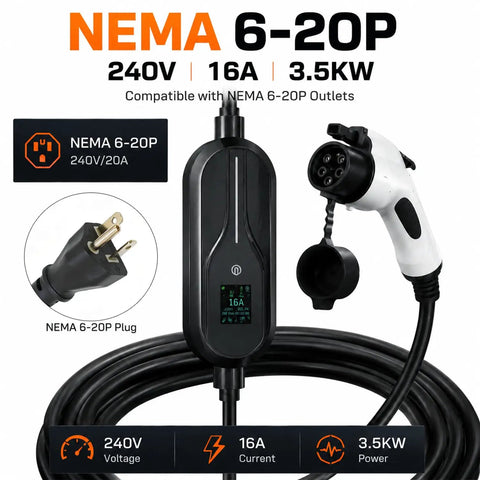 Portable 3.5kW Level 2 EV Charger With Nema 6 20P Plug For Zero Drama 240V Fast Charging And 26ft J1772 TPU Cable Smart App Control IP55 Weatherproof Design with display and plug.