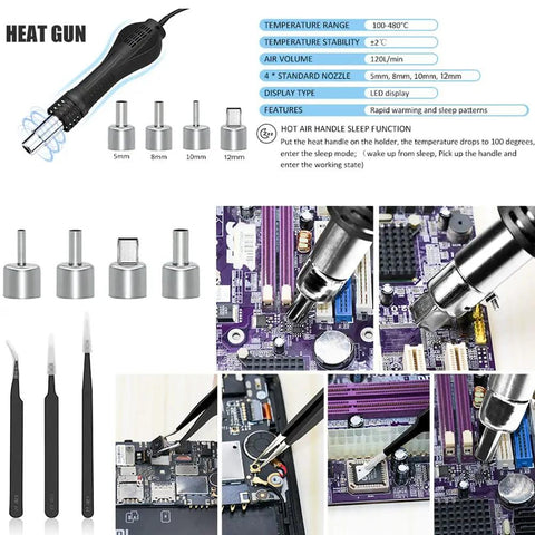2 In 1 750W LED Digital Soldering Station With Hot Air Rework Gun and attachments for phone PCB IC SMD BGA welding