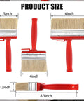 Three Piece Deck Stain And Sealer Brush Set For Wood Heavy Duty Paint Brushes shown in 3, 4, and 6 inch sizes with red handles.