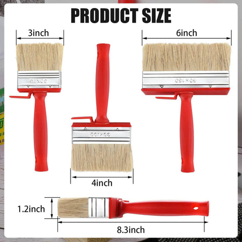 Three Piece Deck Stain And Sealer Brush Set For Wood Heavy Duty Paint Brushes shown in 3, 4, and 6 inch sizes with red handles.
