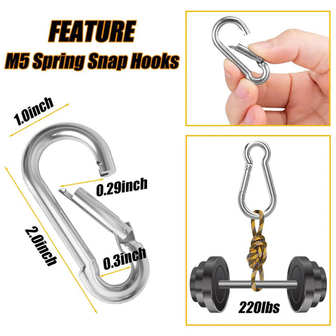 Heavy Duty Galvanized Steel Carabiner Set With Spring Snap Hooks Two Inch Quick Link Clips 220 Pound Holding Capacity diagram