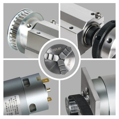 Beefed Up 3 Jaw Self Centering Lathe Chuck 50mm Spindle Motor Kit For CNC Lathes Woodworking Grinders And Table Saws 12V 24V DC 6000 To 12000 RPM Forward And Reverse High Torque components shown in detail