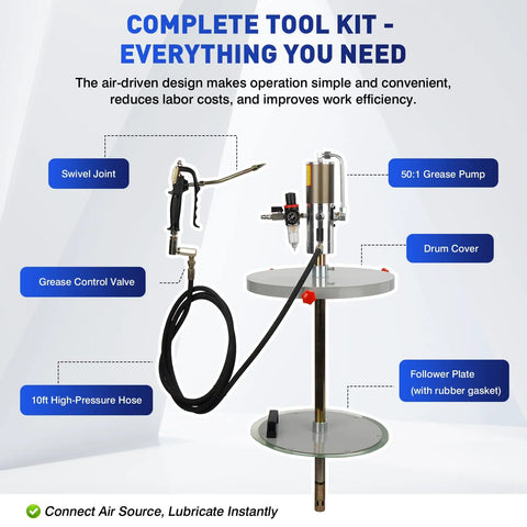 Diagram of Heavy Duty 50 To 1 Air Operated Grease Pump Kit With 7500 PSI High Pressure Lubrication System, 45416 Model components