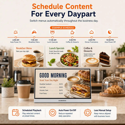 Solid 23 8 Inch Countertop Digital Menu Board With Cloud CMS Platform For No Fuss Multi Location Syncs And Straightforward Plug In Commercial Cafe Counter Display showing scheduled content for various meals.