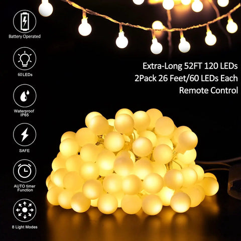 Battery Operated LED Globe String Lights 2 Pack Total 52ft 120 LEDs 26ft Each 60 LEDs Waterproof With Remote Eight Modes