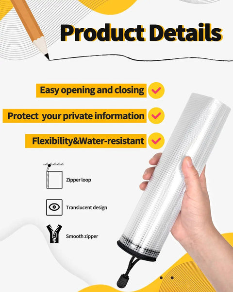 Person holding a roll of Multisize Mesh Zipper Pouches Set Black Water Resistant Zip Bags For School Office Supplies Organization