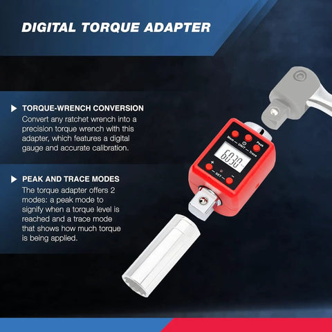 Three Quarter Inch Digital Torque Adapter Turns Any Ratchet Into A Pro Grade Torque Wrench With Audible Alert, 150 To 750 Foot Pounds Range, Calibrates Digital And Analog Wrenches, SAE And Metric, Bi Directional