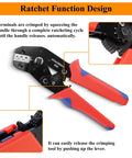 Close-up of red and black ratcheting crimper pliers from Must Have Waterproof Automotive Electrical Connectors Kit 1 To 6 Pin Set With Ratcheting Crimper Pliers 50 Sets 16 Gauge To 22 Gauge Wire Car Truck Motorcycle Boat Marine Easy Install For Quick Wiring.