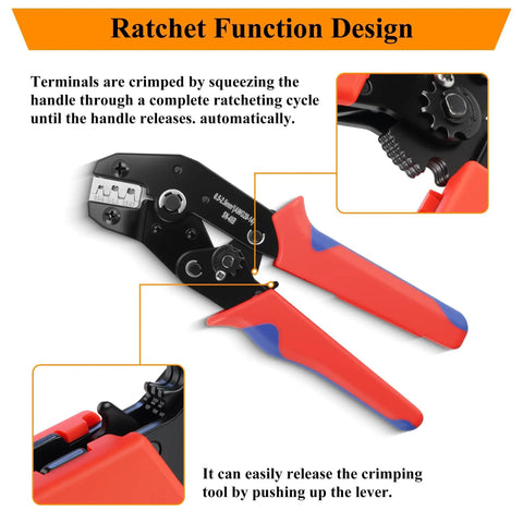 Close-up of red and black ratcheting crimper pliers from Must Have Waterproof Automotive Electrical Connectors Kit 1 To 6 Pin Set With Ratcheting Crimper Pliers 50 Sets 16 Gauge To 22 Gauge Wire Car Truck Motorcycle Boat Marine Easy Install For Quick Wiring.