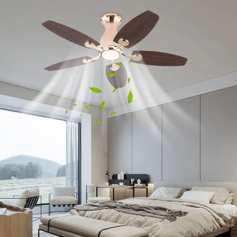 ALSKXaxna Ceiling Fan with Lights and Timer 5 Blades Modern Chandelier 45W in a stylish bedroom setting.