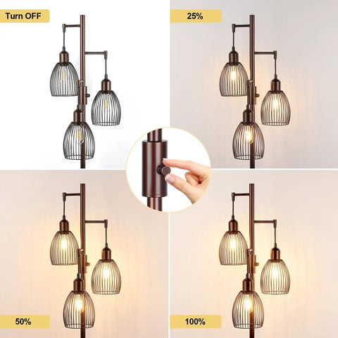Dimmable Farmhouse Industrial Floor Lamp With Teardrop Cage Head showing lighting levels and brown finish.