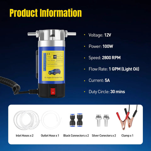 Heavy Duty 12V Electric Oil Extractor Pump For Slick Engine Swaps And Hassle Free Transmission Fluid Removal Dipstick Extraction Tool For Quick Synthetic Oil Changes With Zero Greasy Headaches with product specifications.