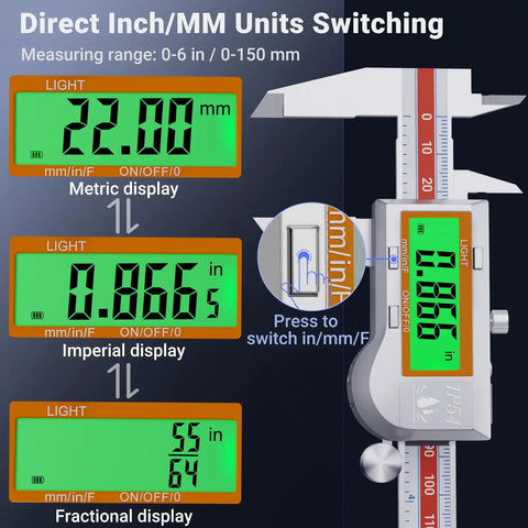 Stainless Steel Digital Caliper With Backlit LCD Auto Off IP54 Splash Proof Inch Millimeter Conversion 6 Inch 150 mm Vernier