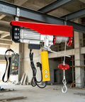 Cool Compact CelyToe Mini Electric Wire Rope Hoist With Wireless Remote Plus Wired Push Button For Safe Home Workshop Projects, features red and gray design with remote.