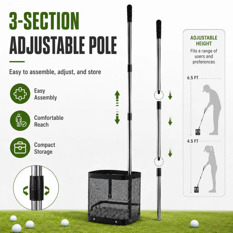 Golf Ball Picker Upper With Cleaning Towel, Turf Friendly 5 Spring Base, No Bend Pickup shown with adjustable pole feature