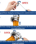Three-panel diagram of a stainless steel hose clamp being opened, slid over an orange hose, and tightened with a screwdriver.