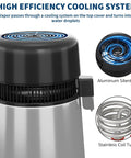 Top Shelf Countertop Water Distiller Full One Gallon Capacity Solid Stainless Steel Build With Glass Pitcher Straight Up Pure Desktop Unit cooling system with aluminum fan and stainless coil