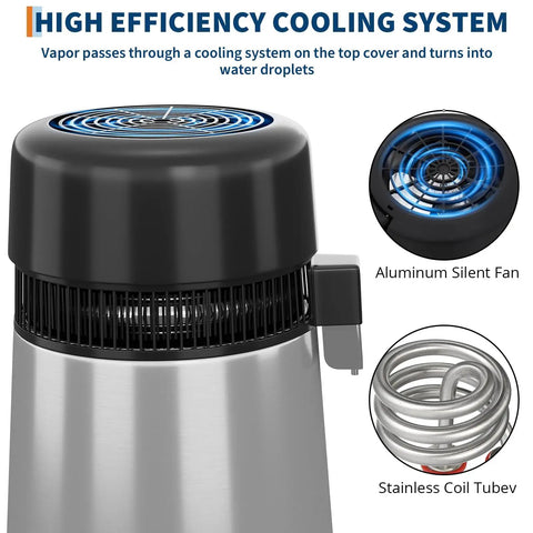 Top Shelf Countertop Water Distiller Full One Gallon Capacity Solid Stainless Steel Build With Glass Pitcher Straight Up Pure Desktop Unit cooling system with aluminum fan and stainless coil