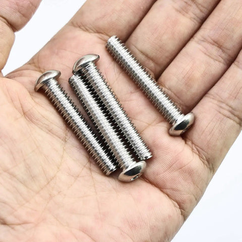 Ten Pack 1/4 20 X 1 1/2 Button Head Socket Cap Screws Hella Sturdy 304 Stainless Steel 18 With Allen Hex Drive shown in hand