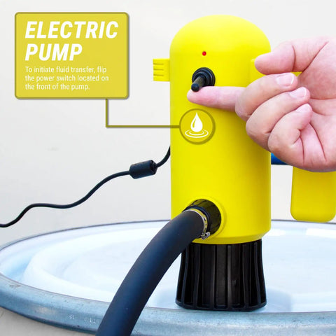 Rugged Telescopic Electric Gasoline Transfer Pump Pushes 4.2 GPM with yellow body and black nozzle for easy fluid transfer.