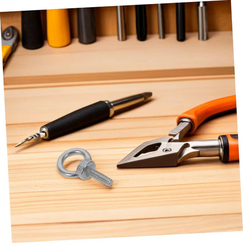Beefy M6x20 Closed Ring Eye Bolt For Concrete Anchoring And Decorative Projects, Weatherproof And Wear Resistant Stainless Steel Anchor Bolt With Nylon Nut Buffer To Protect Surfaces, Ideal For Precision Instruments on wood with pliers